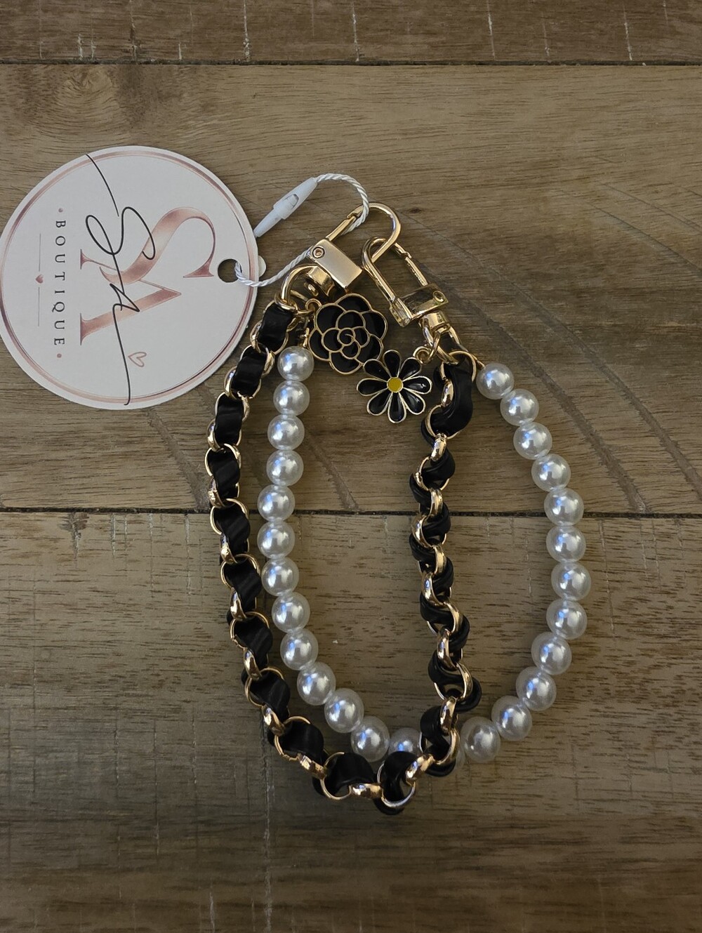 Pearl & Black Key | Bag Chain  with Floral Charms - Gold Tone
